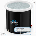 The dimensions of the zenpod ice bath are displayed over a 3d rendering of the tub.