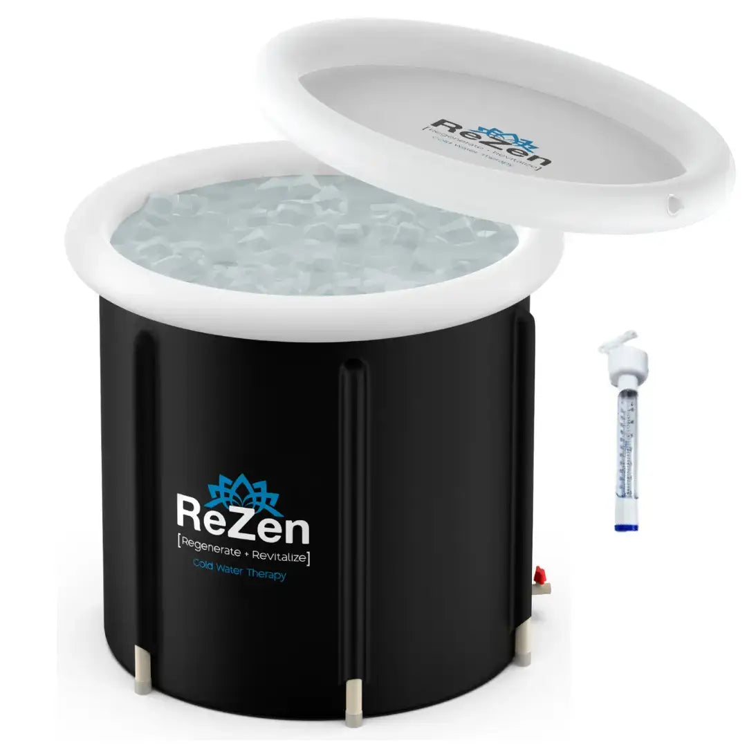 A 3d rendering of the zenpod cold plunge tub with a floating inflatable lid and thermometer featured